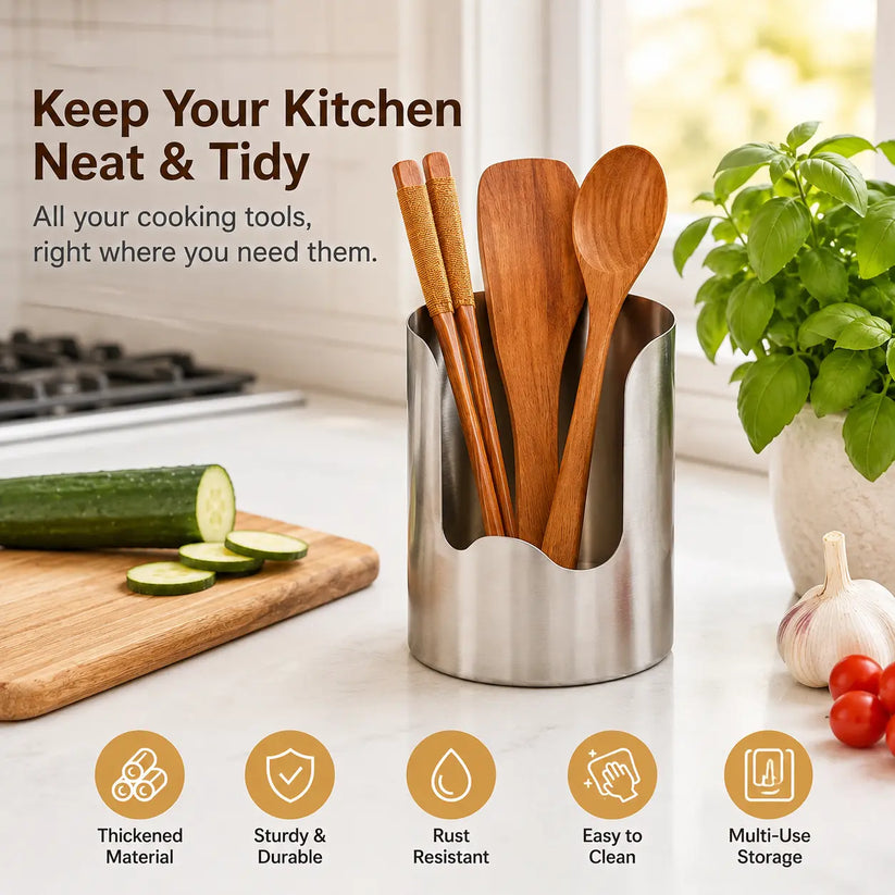 Thickened Stainless Steel Utensil Organizer holding spatulas on kitchen countertop
