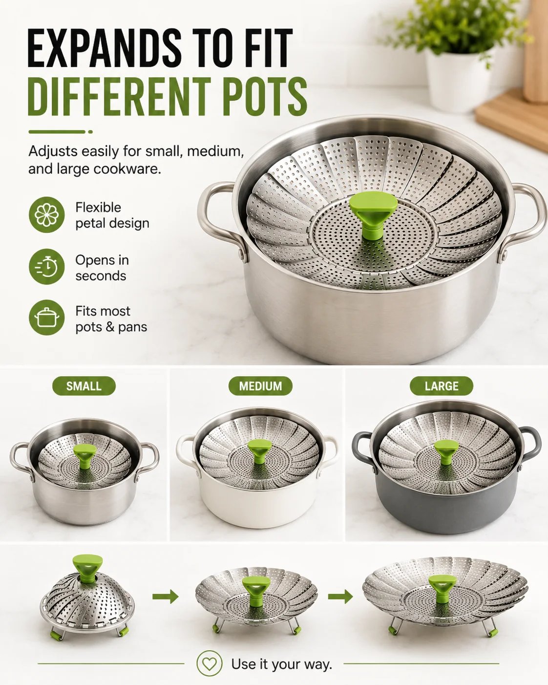 Expandable Stainless Steel Steamer Basket: Adjustable Size & Space-Saving Design