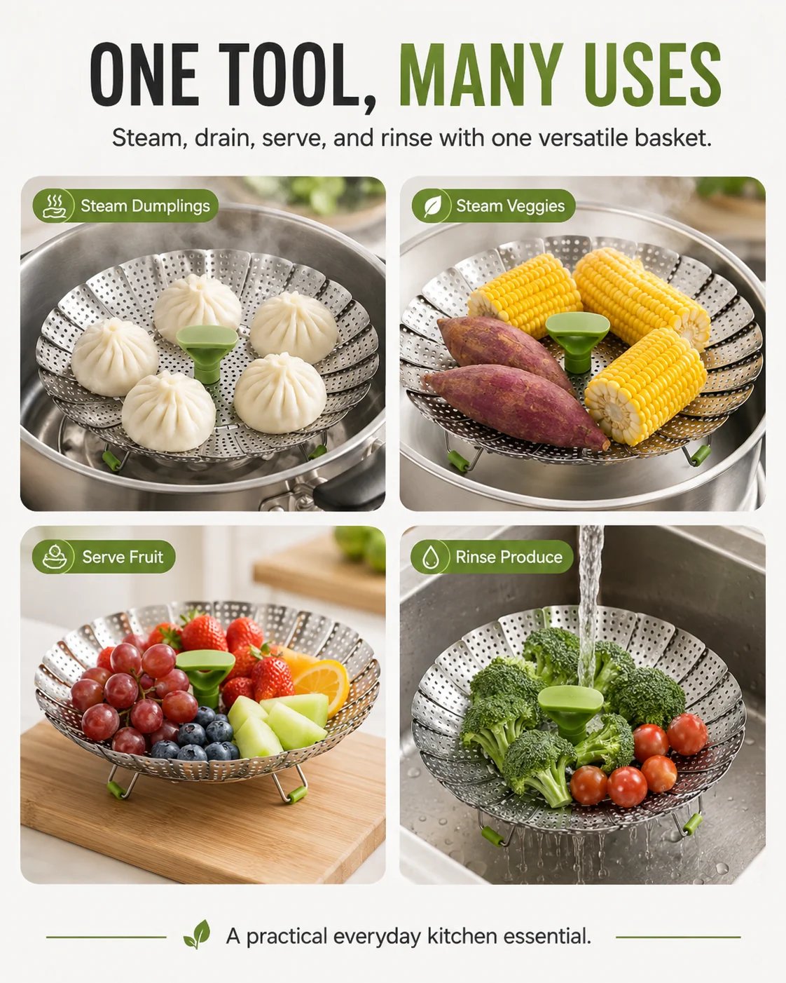 Expandable Stainless Steel Steamer Basket: Adjustable Size & Space-Saving Design