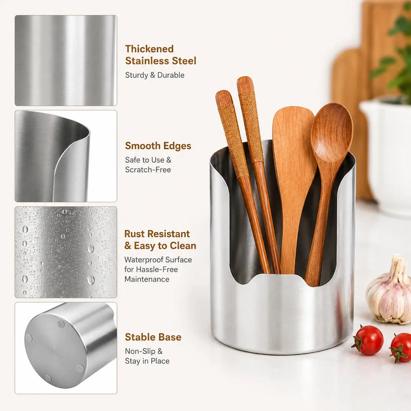 Stainless steel utensil holder organizing spatulas and spoons